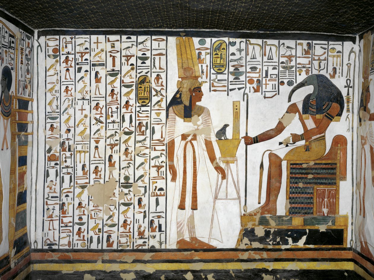Egypti, Thebes, Luxor, Kuningattaren laakso, Nefertarin hauta, eteisammion lisärakennus, seinämaalauksia, Kuningatar jumalallisen kirjuri Thothin edessä tekijältä Egyptian 19th Dynasty