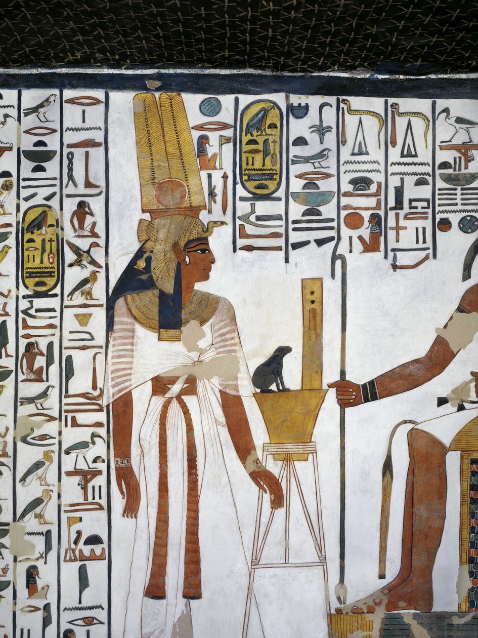 Egypti, Thebes, Luxor, Kuningattaren laakso, Nefertarin hauta, eteisammion lisärakennus, seinämaalauksia, Kuningatar jumalallisen kirjuri Thothin edessä tekijältä Egyptian 19th Dynasty