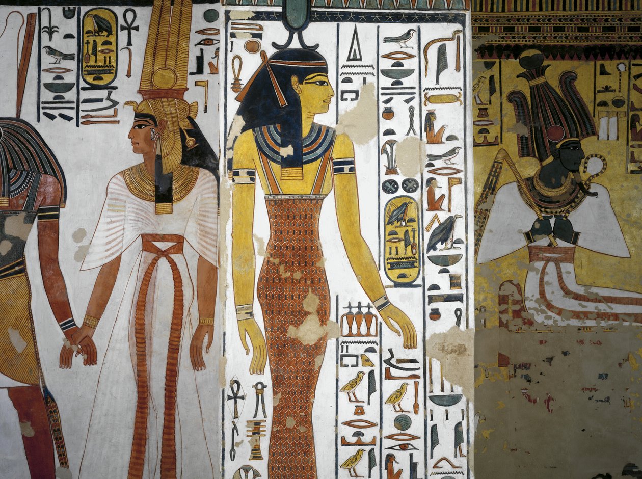 Egypti, Thebes, Luxor, Kuningattaren laakso, Nefertarin hauta, eteinen, seinämaalauksia, Harsiesi johdattaa kuningatarta kädestä, jumalatar Neith tekijältä Egyptian 19th Dynasty