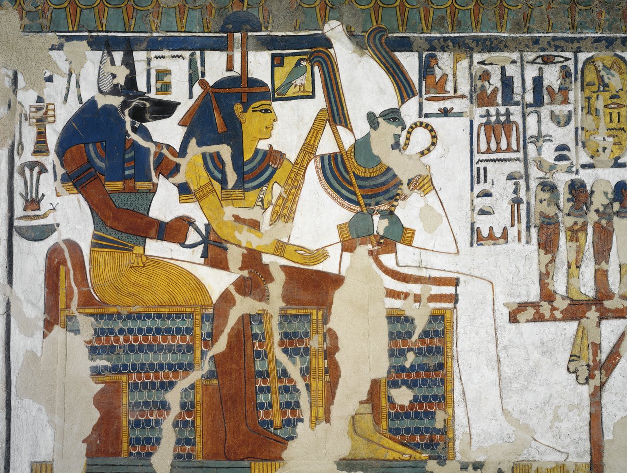 Egypti, Thebes, Luxor, Kuningattaren laakso, Nefertarin hauta, seinämaalaus Anubiksesta, Isiksestä ja Osiriksesta hautakammiossa 19. dynastiasta tekijältä Egyptian 19th Dynasty