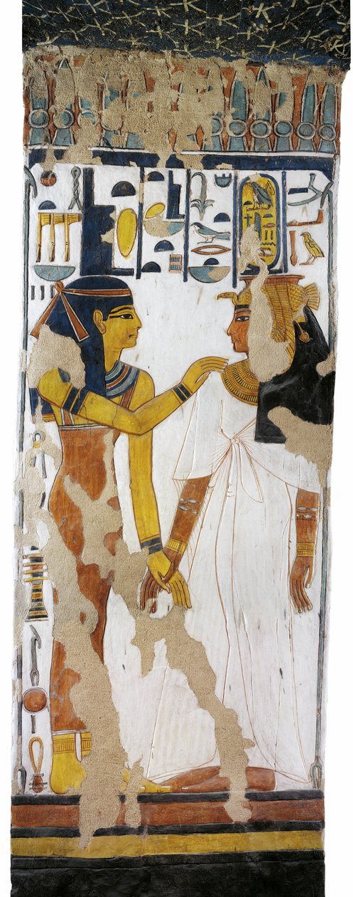 Egypti, Thebes, Luxor, Kuningattaren laakso, Nefertarin hauta, seinämaalaus Isiksestä ja kuningattaresta pylväässä hautakammiossa 19. dynastiasta tekijältä Egyptian 19th Dynasty