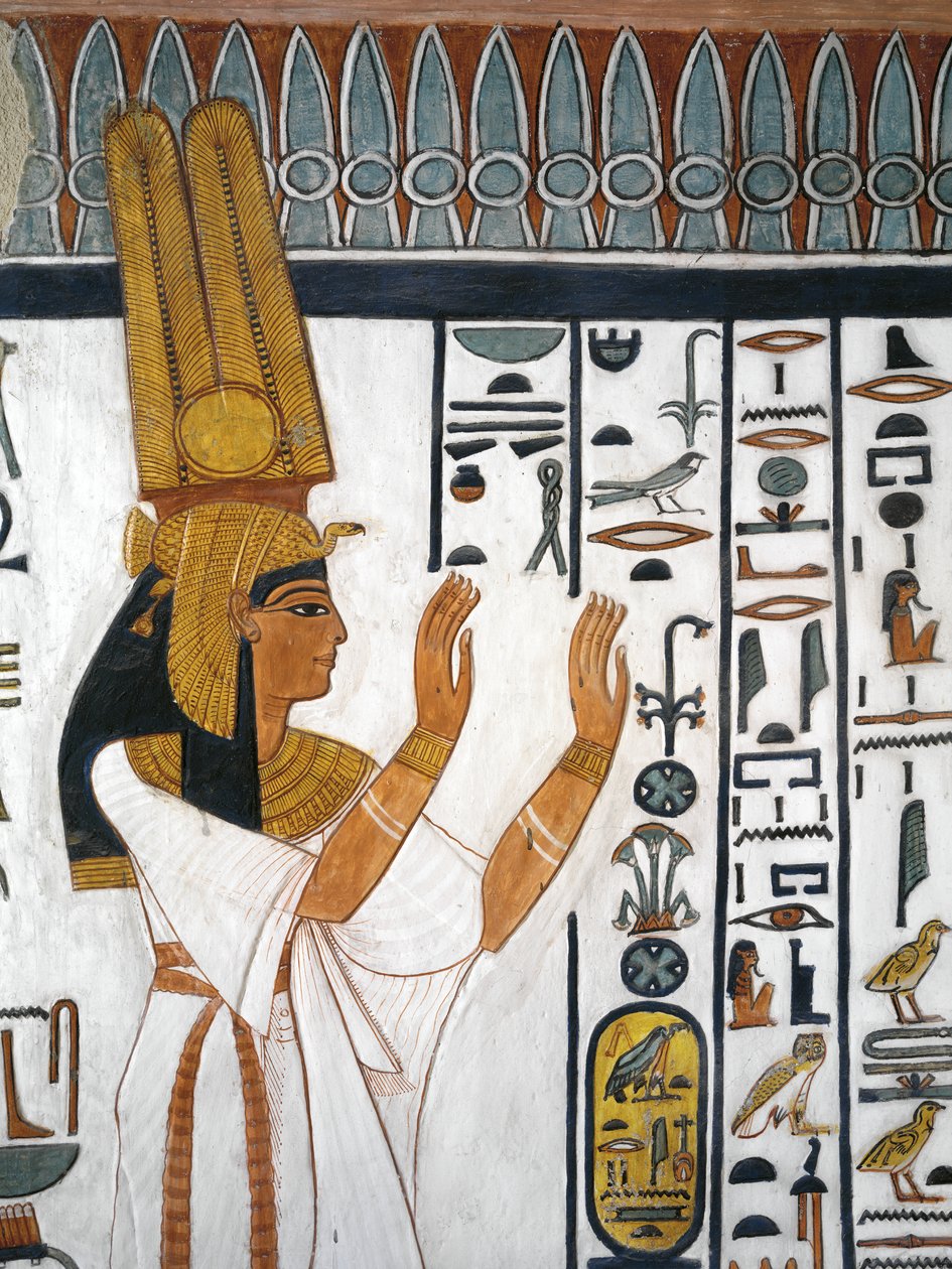 Egypti, Thebes, Luxor, Kuningattaren laakso, Nefertarin hauta, seinämaalaus kuningattaresta lausumassa hautauskaavaa 19. dynastian hautakammiossa tekijältä Egyptian 19th Dynasty