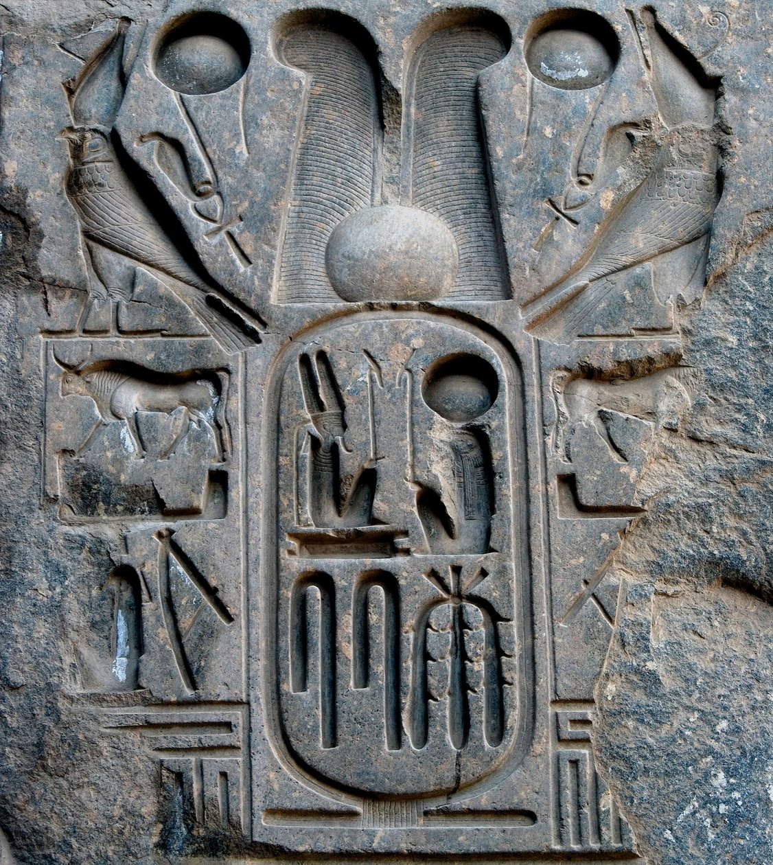 Egyptiläinen antiikki: yksityiskohta faarao Ramses II:n (1292-1186 eaa.) patruunasta. Luxorin temppeli. Itäranta (Theban), Egypti tekijältä Egyptian 19th Dynasty