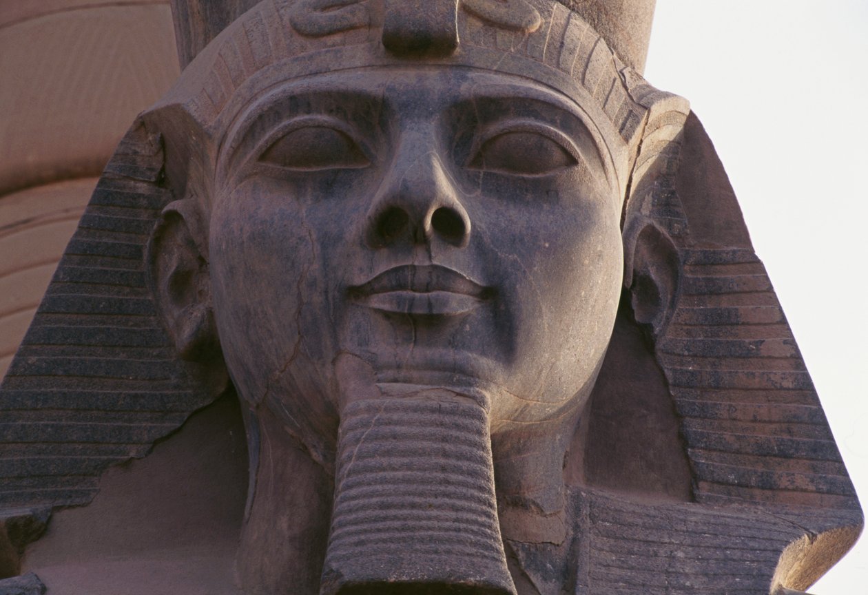 Istuvan Ramesses II:n patsaan kasvot, Thebanin nekropoli (Unescon maailmanperintöluettelo). tekijältä Egyptian 19th Dynasty