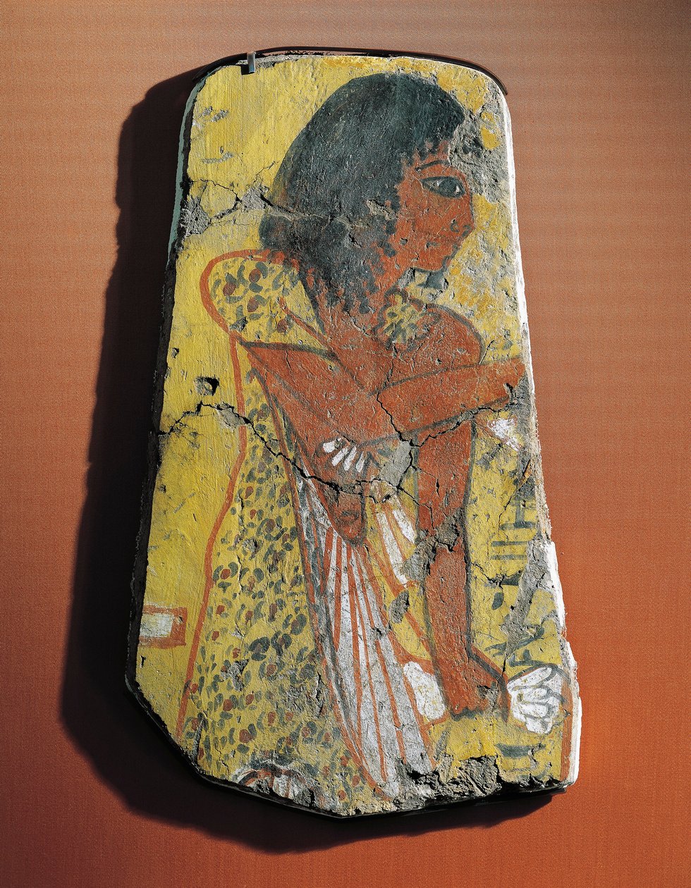 Fragmentti sitruunapuulle tehdystä maalauksesta, joka kuvaa pappia hautausseremoniassa Egyptistä, Deir el-Medinasta tekijältä Egyptian 19th Dynasty