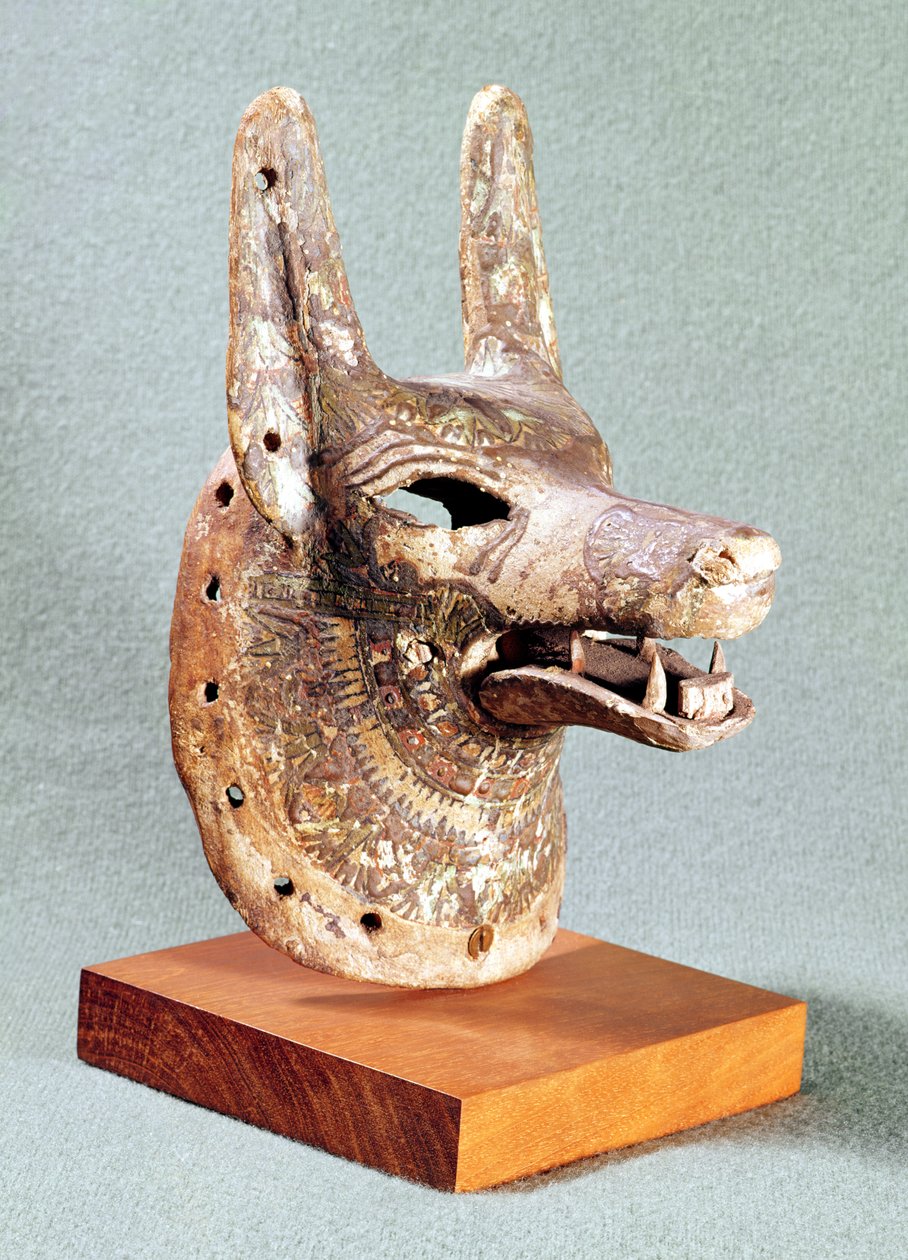 Anubiksen pää, saranoitu leuka, käytetty oraakkelimaskina, New Kingdom (maalattu puu) (katso myös 55441) tekijältä Egyptian 19th Dynasty