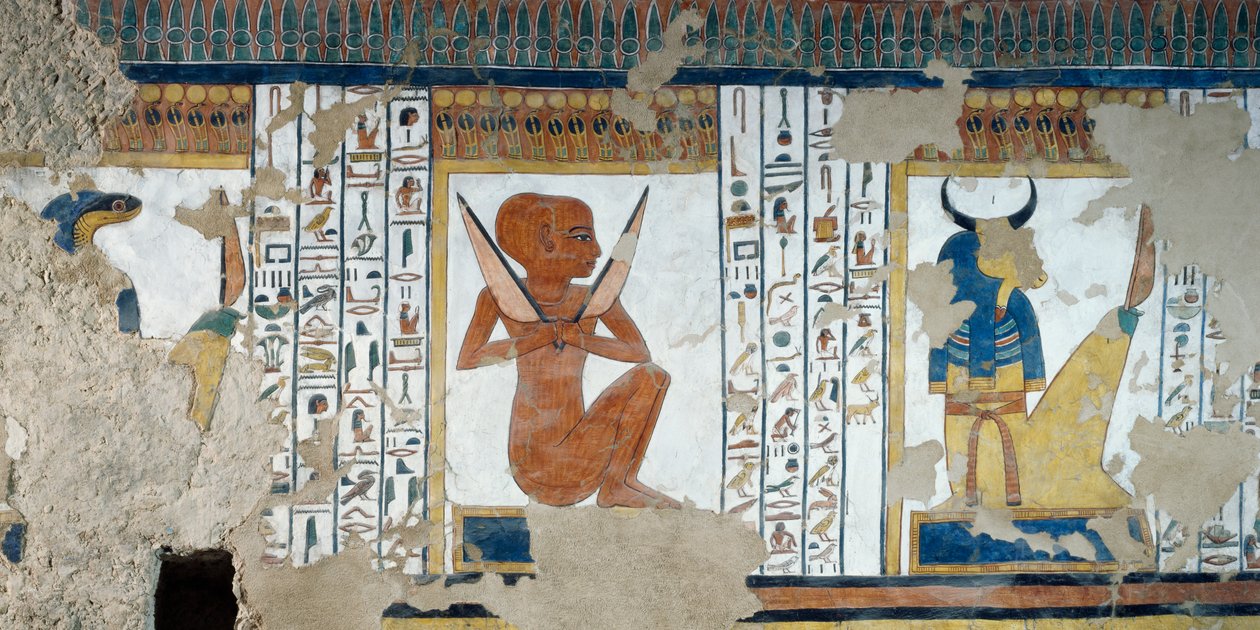 Henty-Reki, Osirisin kuningaskunnan viidennen portin vartija ja neljännen portin häränpäinen vartija, Nefertarin hautakammion freskot, Queens Valley, Luxor, Thebes (Unescon maailmanperintöluettelo) tekijältä Egyptian 19th Dynasty