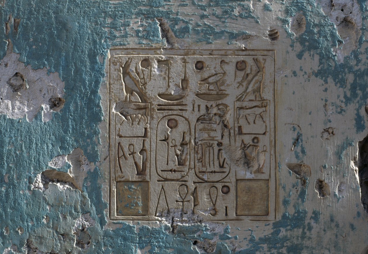 Hieroglyfit, reliefi, Ramses II:n temppeli, Abydos, Egypti, Egyptin sivilisaatio, Uusi valtakunta, XIX dynastia (kuva) tekijältä Egyptian 19th Dynasty