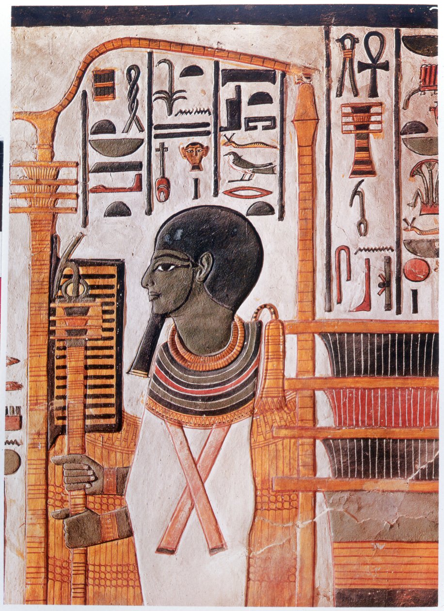 História. Antigo Egito. Ptah, deificação do monte primordial na cosmogonia Ennead. Afresco no túmulo de Nefertari no Vale dos Reis, Antigo Egito. (afresco)finlandês tekijältä Egyptian 19th Dynasty