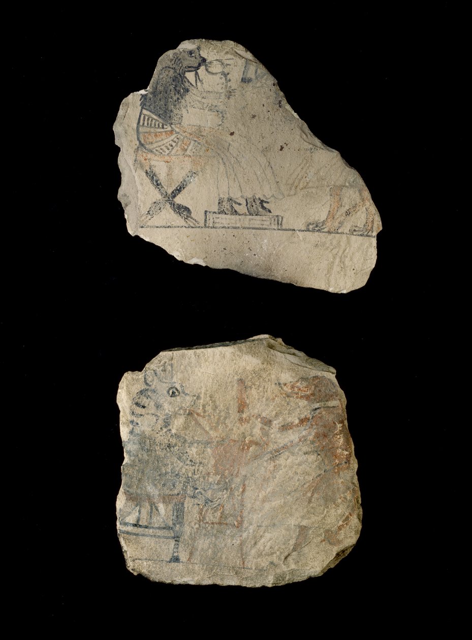 Kalkkikiviostraca humoristisilla luonnoksilla punaisella ja mustalla musteella (mustalla ja punaisella musteella maalattu kalkkikivi) tekijältä Egyptian 19th Dynasty
