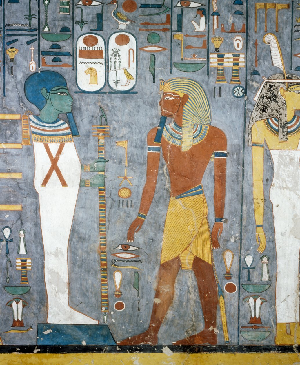 Maat, Ramses I, Ptah ja Osirisin pilari, freskot Ramses I:n hautakammiosta, Kuninkaiden laakso, Luxor, Thebes (Unescon maailmanperintöluettelo) tekijältä Egyptian 19th Dynasty