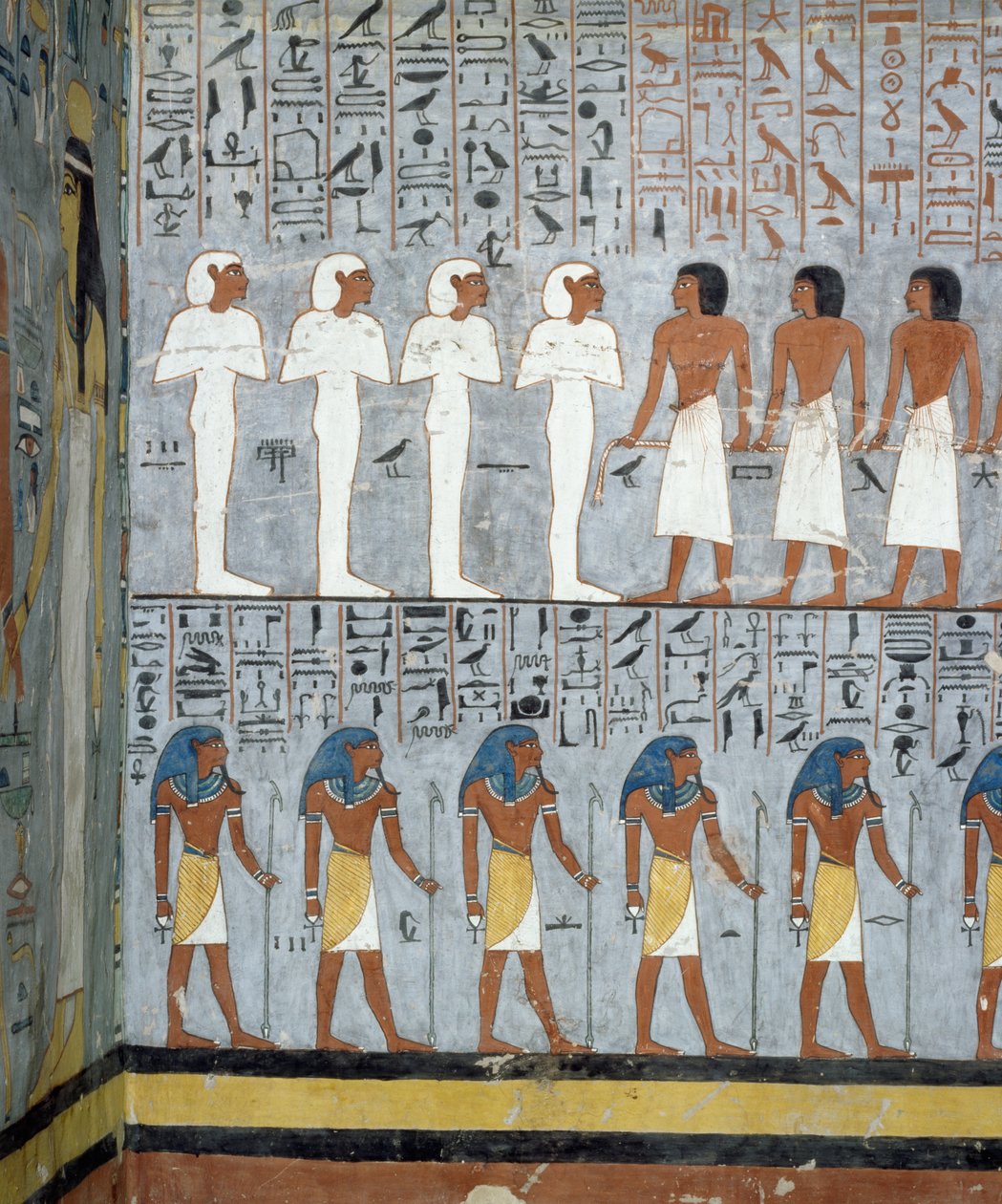 Muumioita ja mieshahmoja, yksityiskohta freskoista Ramses I:n hautakammiossa, Kuninkaiden laakso, Luxor, Thebes (Unescon maailmanperintöluettelo) tekijältä Egyptian 19th Dynasty