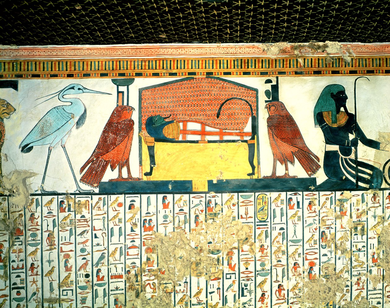 Muumio hautajaissängyllä eri jumaluuksien kanssa, Nefertarin haudasta, Uusi kuningaskunta (seinämaalaus) tekijältä Egyptian 19th Dynasty