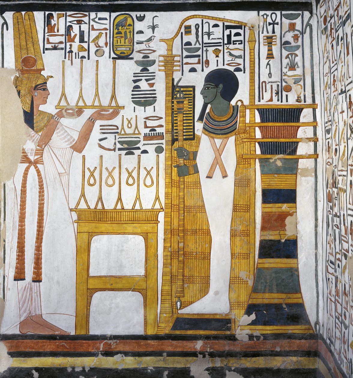 Nefertari uhraa pellavaa Ptahille, yksityiskohta Nefertarin haudan itäisen liitteen länsi seinästä (seinämaalaus) tekijältä Egyptian 19th Dynasty
