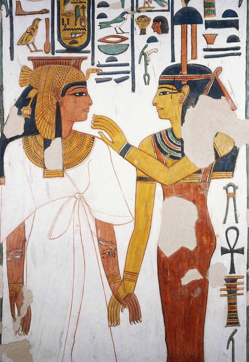 Nefertari tapaa jumalatar Isisin, fresko, neljännen pilarin pohjoiseen päin oleva julkisivu, hautakammio, Nefertarin hauta (QV66), Kuningattaren laakso, Thebes (Unescon maailmanperintöluettelo) tekijältä Egyptian 19th Dynasty