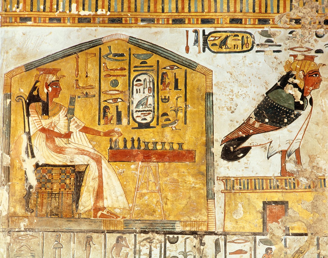 Nefertari soittaa senetiä, yksityiskohta seinämaalauksesta kuningatar Nefertarin haudasta, Uudesta kuningaskunnasta tekijältä Egyptian 19th Dynasty