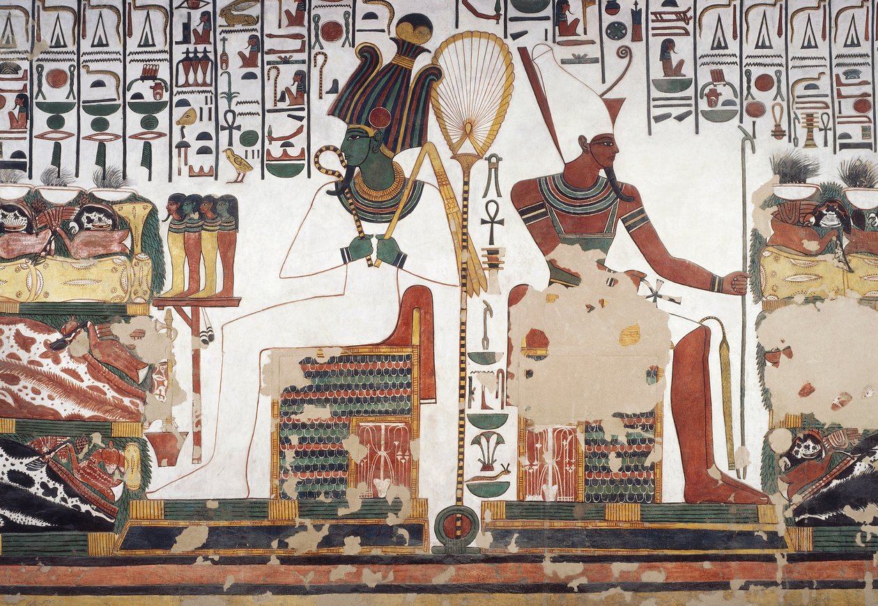 Osiris ja Atum, fresko, itäseinä, itäsivukammio, Nefertarin hauta (QV66), Kuningattaren laakso, Thebes (Unescon maailmanperintöluettelo) tekijältä Egyptian 19th Dynasty