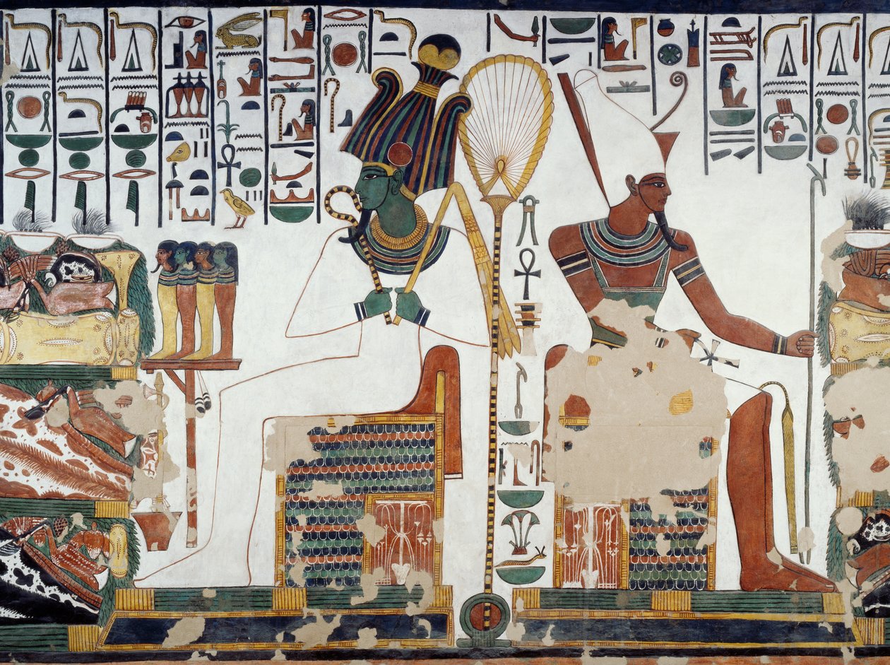 Osiris ja Atun, yksityiskohta freskoista Nefertarin haudan toisessa kammiossa, Queens Valley, Luxor, Thebes (Unescon maailmanperintöluettelo) tekijältä Egyptian 19th Dynasty