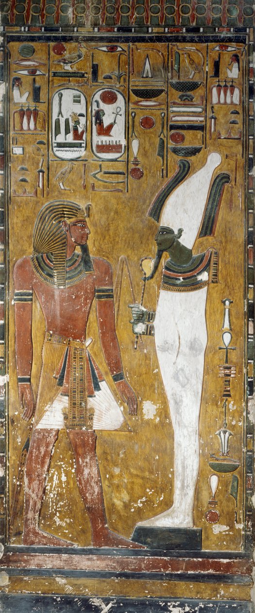 Osiris ja Seti I, yksityiskohta freskoista Seti I:n hautakammiossa, Kuninkaiden laakso, Luxor, Thebes (Unescon maailmanperintöluettelo) tekijältä Egyptian 19th Dynasty