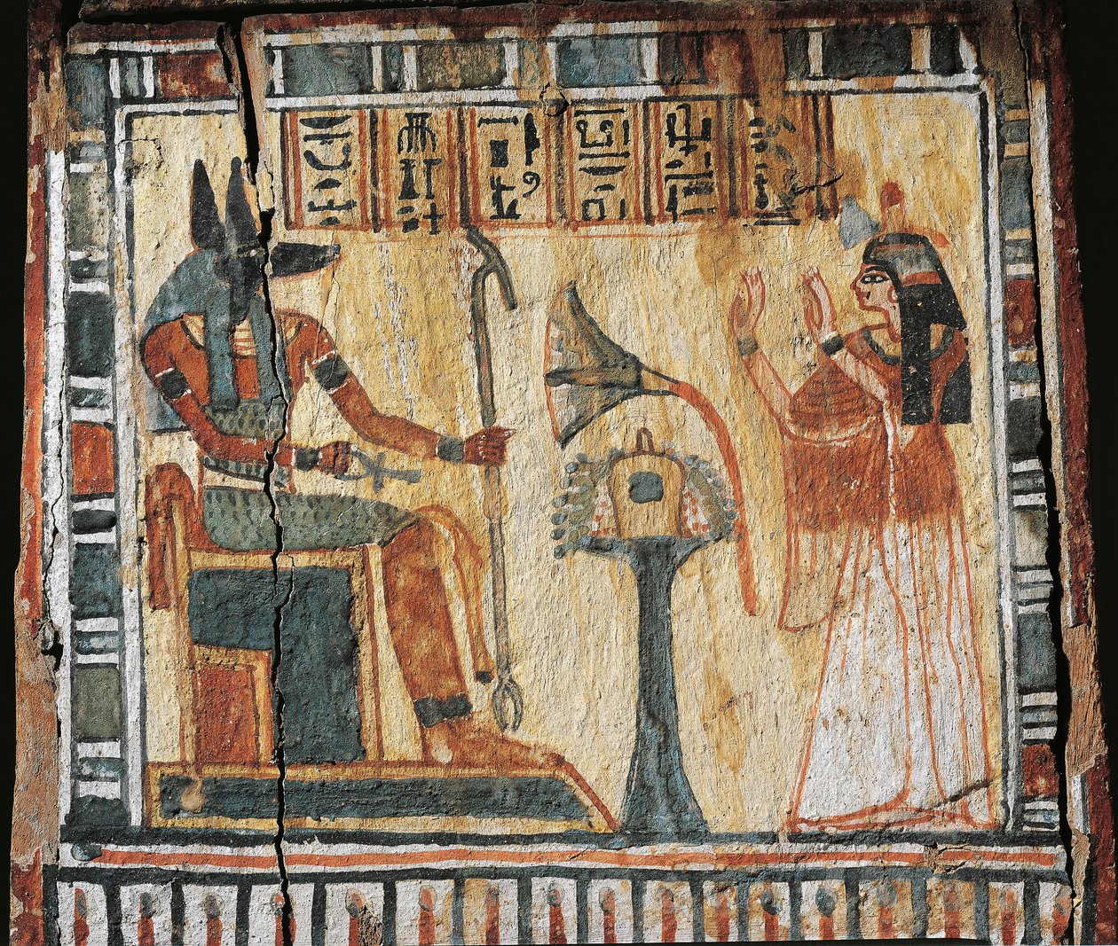 Maalattu puulaatikko, jossa kuvataan vainajaa ja Anubi-jumalaa, Tamutnofretin shabtille. tekijältä Egyptian 19th Dynasty