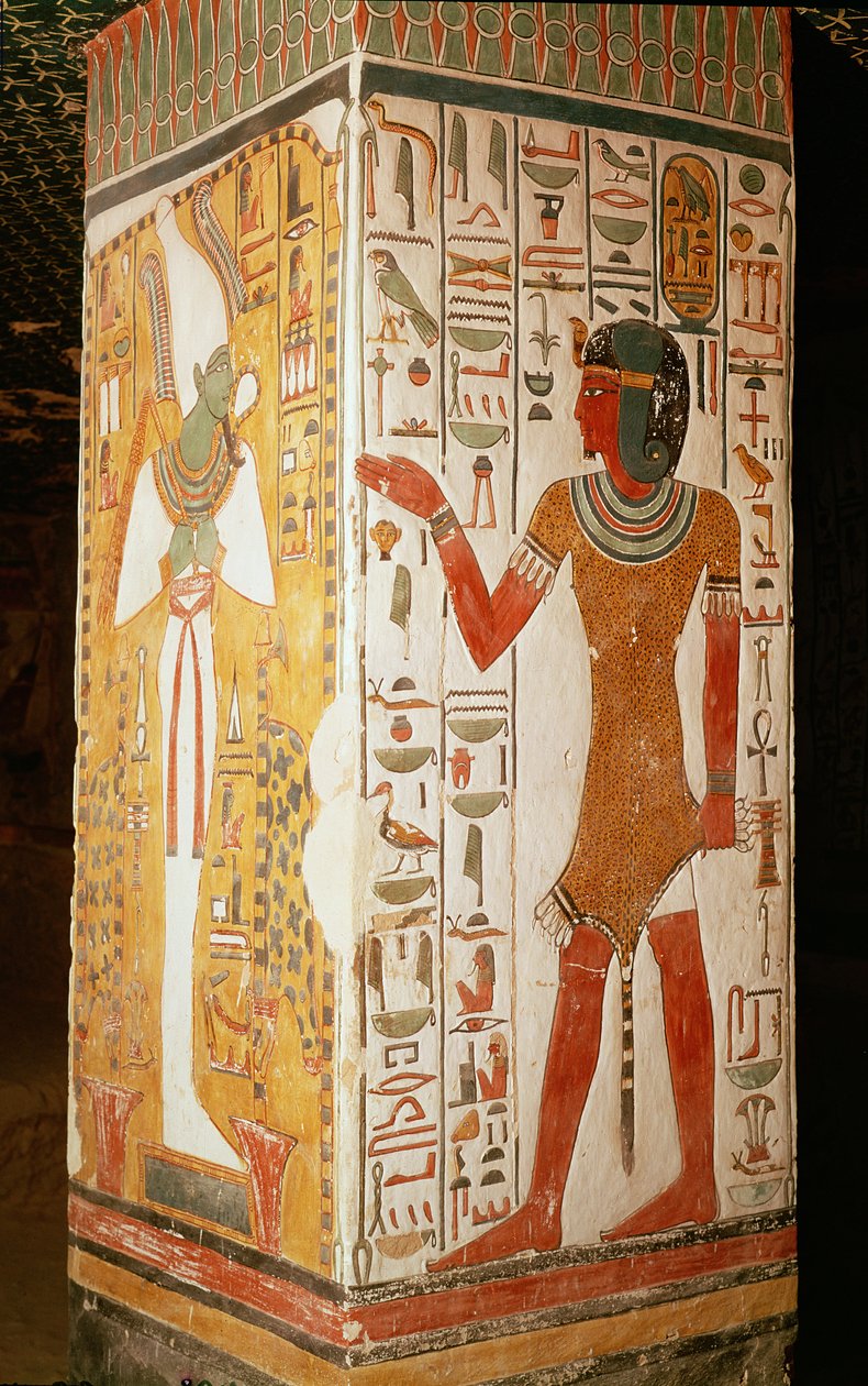 Pilari, joka kuvaa Osirista ja pappia, jolla on pantterinnahka, Nefertarin haudasta, Uudesta kuningaskunnasta (seinämaalaus) tekijältä Egyptian 19th Dynasty