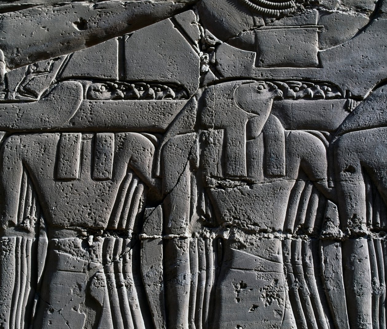 Haukkanaamioinen pappi, yksityiskohta kohtauksesta, joka esittää Ramesses II:ta pyhän veneen edessä, reliefi, Suuren hypostyylisalin sisäseinät, Karnakin temppelikompleksi (Unescon maailmanperintöluettelo). tekijältä Egyptian 19th Dynasty