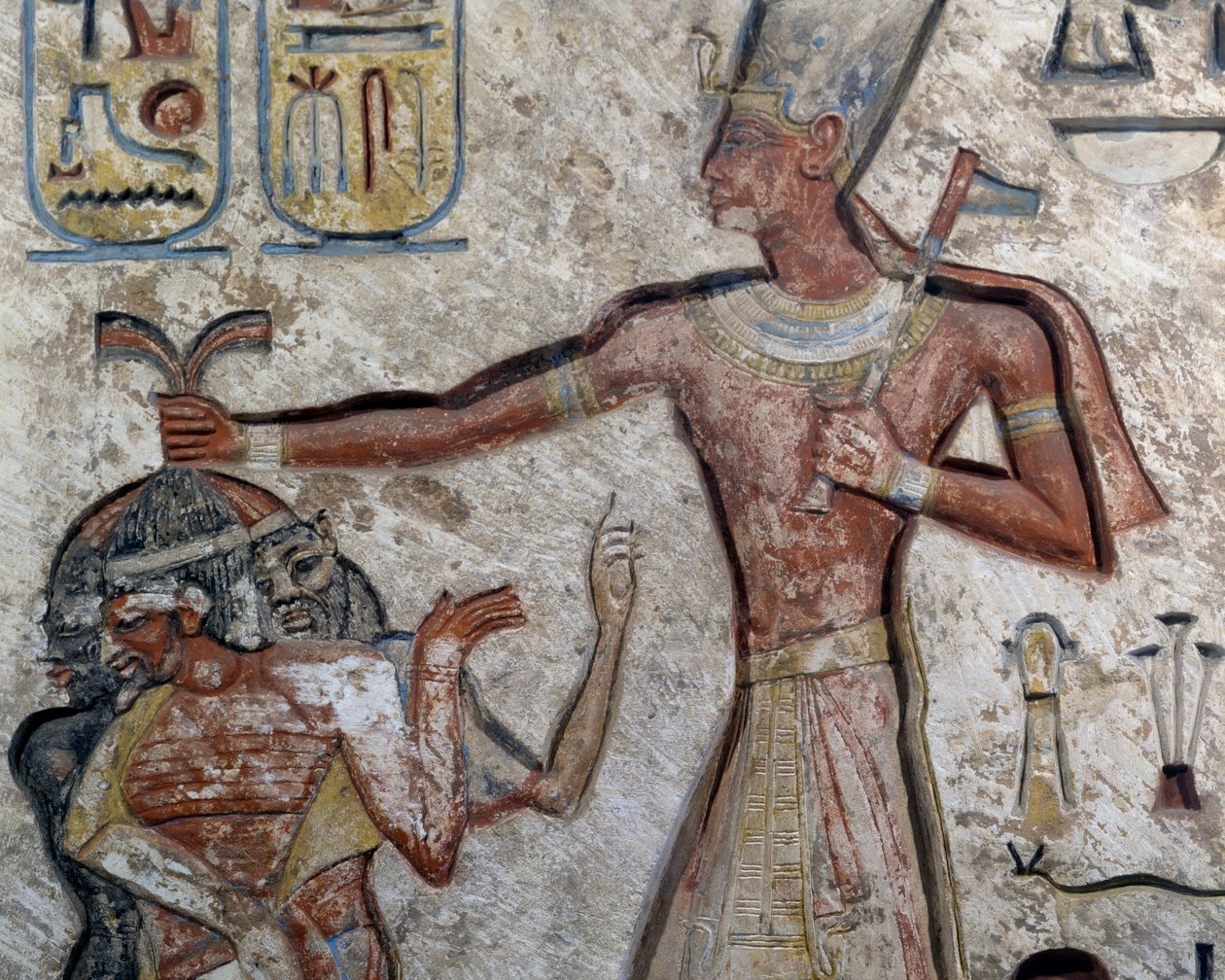 Ramesses II pitää vankeja hiuksista kiinni, yksityiskohta, Egyptin sivilisaatio, Uusi valtakunta, XIX dynastia tekijältä Egyptian 19th Dynasty