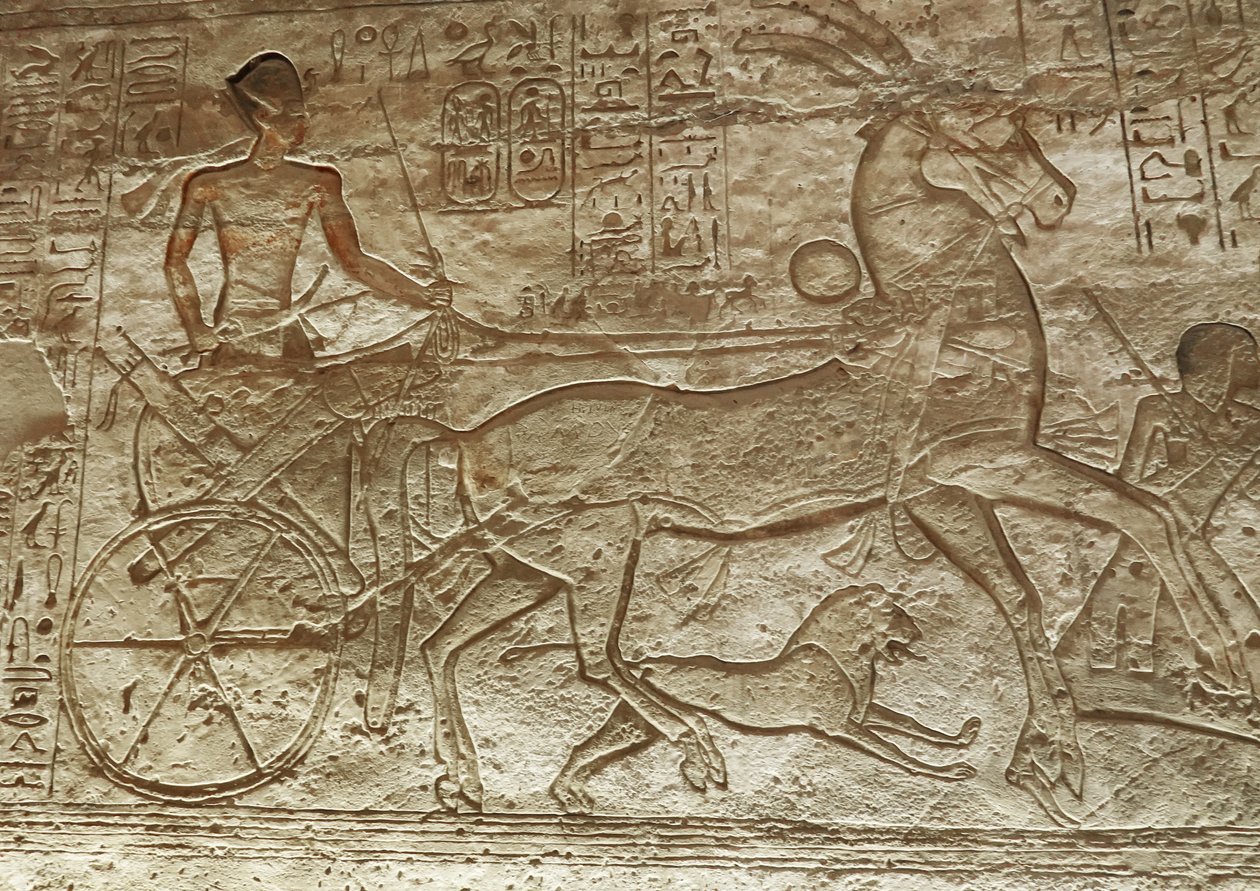 Ramses II kärryillään, Abu Simbelin suuri temppeli (reliefi) tekijältä Egyptian 19th Dynasty