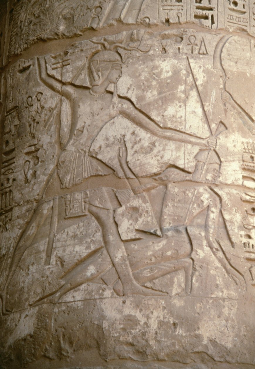 Ramses pitää aasialaisia vihollisiaan hiuksista kiinni, kun hän valmistautuu surmaamaan heidät, reliefi, Seti I:n temppeli, Kanais, Egypti, Egyptin sivilisaatio, Uusi valtakunta, XIX dynastia (kuva) tekijältä Egyptian 19th Dynasty