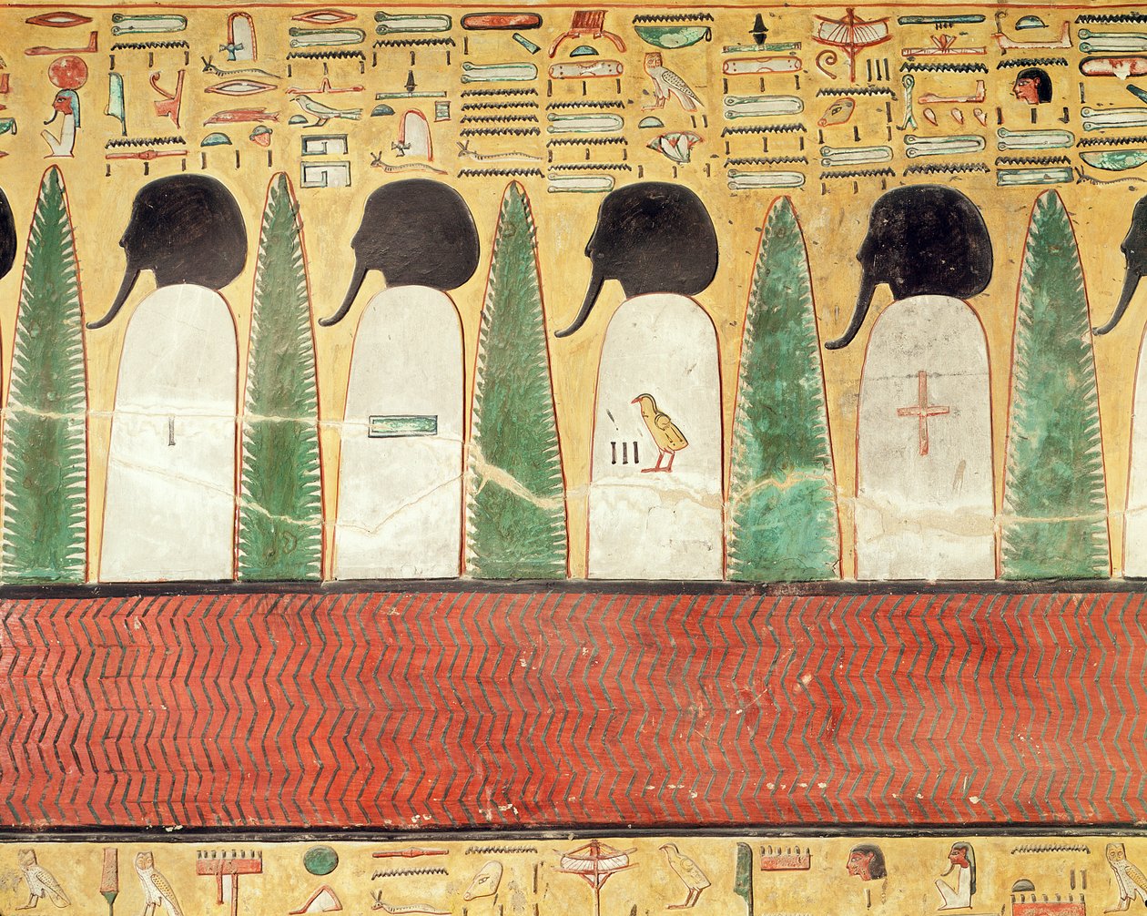 Reliefi, joka kuvaa mustapäisiä jumalia alamaailmassa, Seti I:n haudasta (n. 1294-1279 eKr.) Uusi kuningaskunta (maalattu kalkkikivi) tekijältä Egyptian 19th Dynasty
