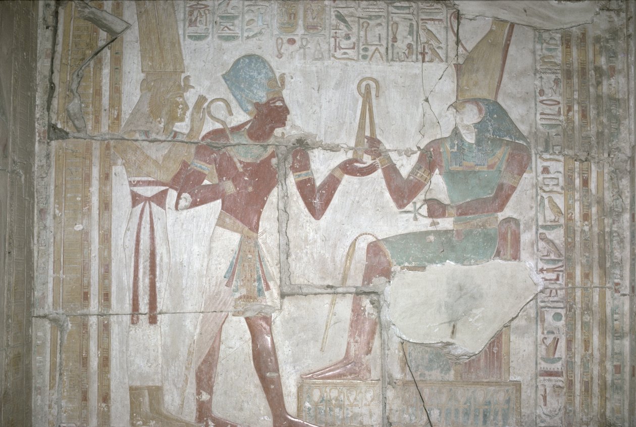 Relief Isis, esittelee Sethos I (1303-1290 eKr.) Horukselle, Uudelle kuningaskunnalle (seinämaalaus) tekijältä Egyptian 19th Dynasty