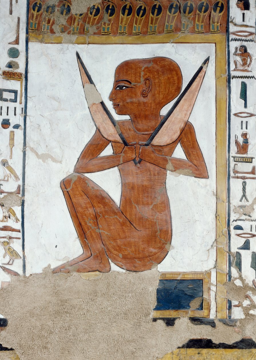 Osirisin kuningaskunnan viidennen portin vartijan Henty-Rekin esitys, yksityiskohta freskoista Nefertarin hautakammiossa, Queens Valley, Luxor, Thebes. Egyptin sivilisaatio, Uusi kuningaskunta, dynastia XIX. tekijältä Egyptian 19th Dynasty