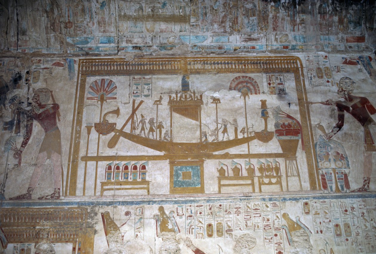 Pyhä vene, basreliefi, Osiriksen kappeli, Seti I:n temppeli. tekijältä Egyptian 19th Dynasty