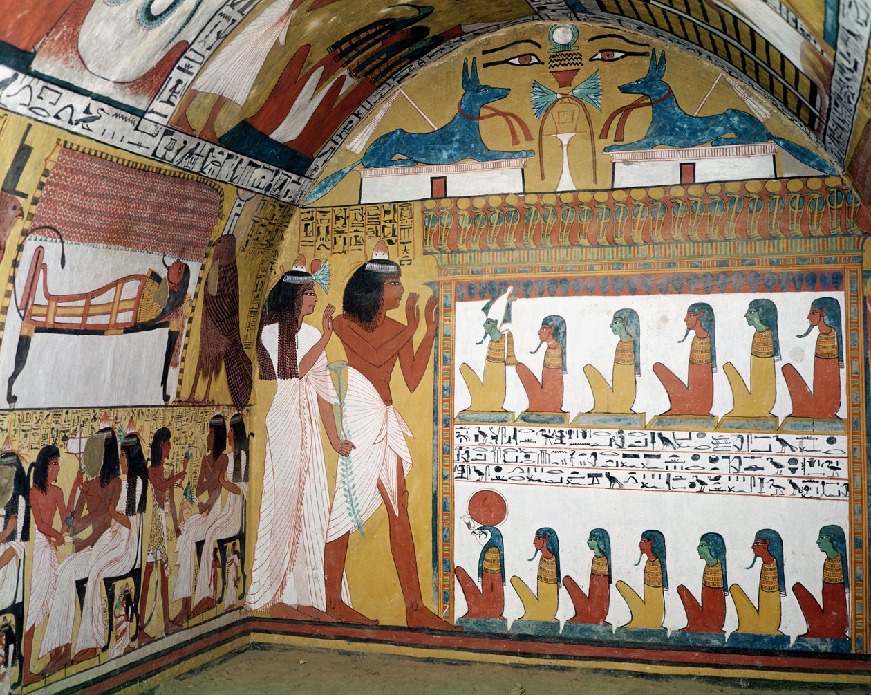 Sennedjem ja hänen vaimonsa edessään naos, jossa on kaksitoista jumaluutta, Sennedjemin haudan länsimuurista, The Workers Village, New Kingdom (seinämaalaus) tekijältä Egyptian 19th Dynasty
