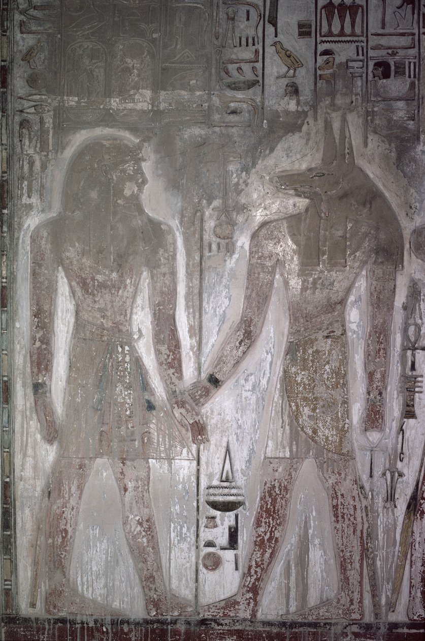 Seti I (1303-1290 eKr.) ja Anubis Setin haudassa, Uusi kuningaskunta (seinämaalaus) tekijältä Egyptian 19th Dynasty