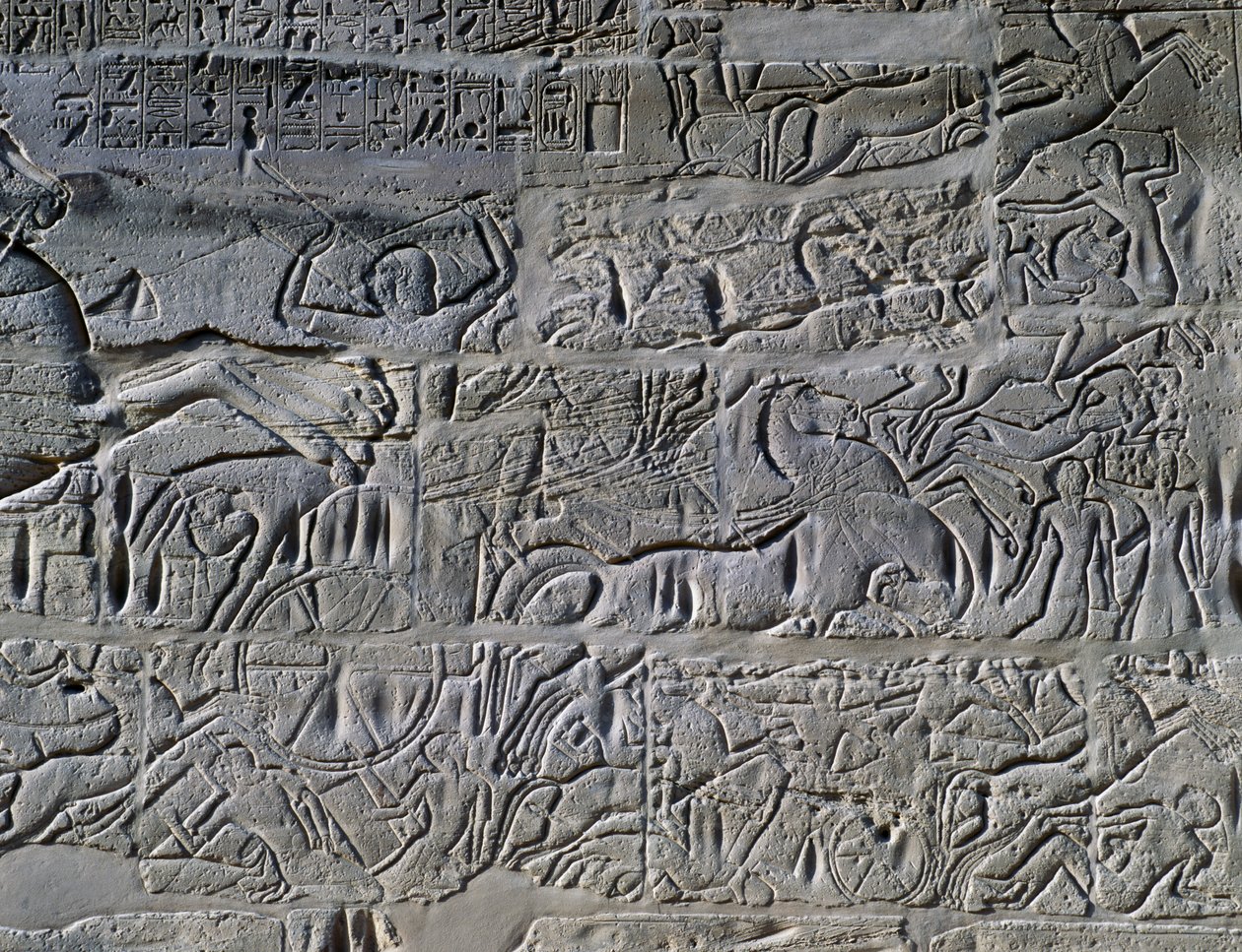 Seti I:n sotaretket Syyriassa ja Palestiinassa, reliefi, Karnakin temppelikompleksin Suuren hypostyylisalin pohjoinen ulkoseinä (Unescon maailmanperintöluettelo) tekijältä Egyptian 19th Dynasty