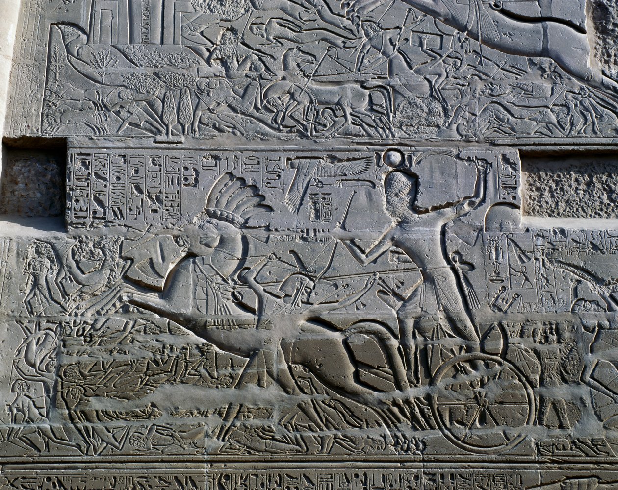 Seti I:n sotaretket Syyriassa ja Palestiinassa, reliefi, Karnakin temppelikompleksin Suuren hypostyylisalin pohjoinen ulkoseinä (Unescon maailmanperintöluettelo) tekijältä Egyptian 19th Dynasty