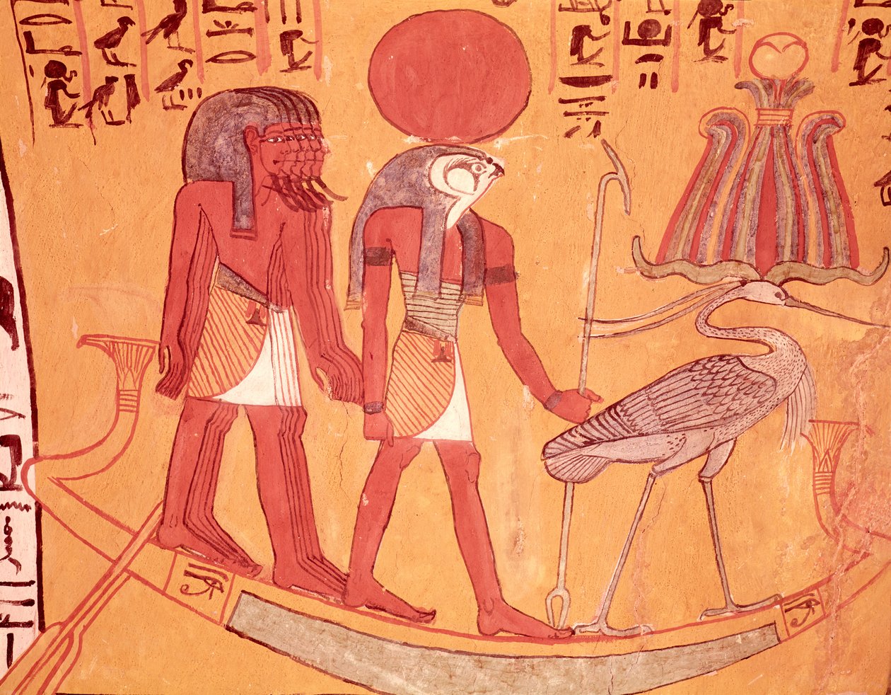 Aurinkoparkki Re-Horakhtyn, benu-lintujen ja neljän muun jumaluuden kanssa, Sennedjemin haudasta, The Workers Village, New Kingdom (seinämaalaus) tekijältä Egyptian 19th Dynasty