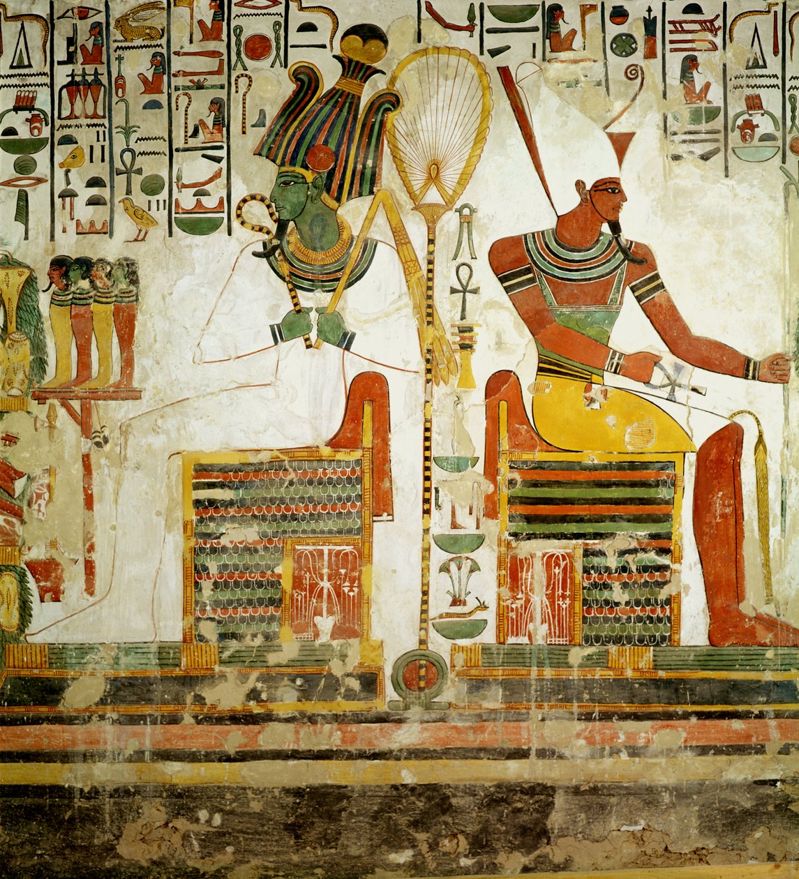 Jumalat Osiris ja Atum, Nefertarin haudasta, Uusi kuningaskunta (seinämaalaus) tekijältä Egyptian 19th Dynasty