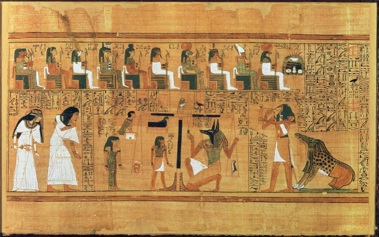 Sydämen punnitseminen totuuden sulkaa vastaan, kirjuri Anyin kuolleiden kirjasta, noin 1250 eKr. (maalattu papyrus). tekijältä Egyptian 19th Dynasty