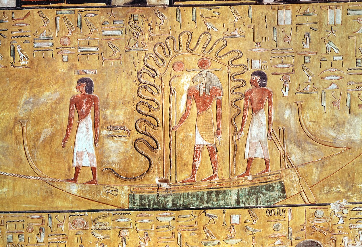 Auringonjumala Ra aurinkobarkissaan, suojattu käärmeen kierteillä, Seti I:n haudasta (1394-1279 eKr.) Uusi kuningaskunta (maalattu kalkkikivi) tekijältä Egyptian 19th Dynasty