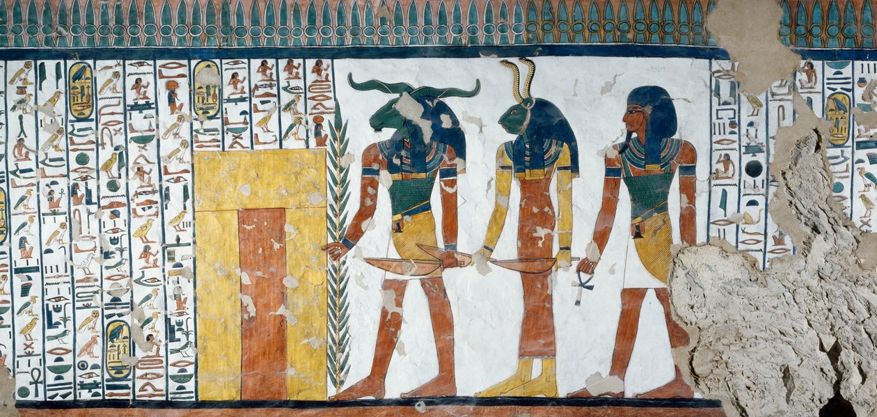 Osiriksen valtakunnan toista porttia vartioivat kolme sukua, Kuolleiden kirja, luku 144, yksityiskohta freskoista Nefertarin hautakammiossa, Queensin laaksossa, Luxorissa, Thebesissa. Egyptin sivilisaatio, Uusi kuningaskunta, dynastia XIX. tekijältä Egyptian 19th Dynasty