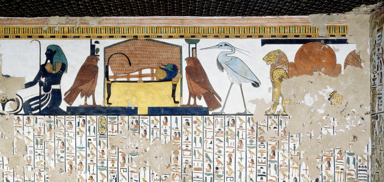 Ylempi rekisteri, leijonat Atumin symbolilla, jumala Bennu, Ra sielun symboli, Nefertarin muumio kahdella haukalla ja Niilin nero, alempi rekisteri, Book of Deadin luku 17, fresko, Nefertarin hauta, Queens Valley, Thebes. Uusi kuningaskunta, dynastia XIX tekijältä Egyptian 19th Dynasty