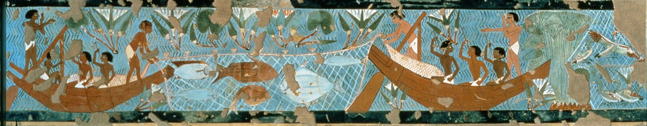 Seinämaalaus Ipuyn haudasta Thebasta, joka kuvaa kalastuskohtausta, Uusi kuningaskunta, n. 1275 eKr. (maalattu kalkkikivi) tekijältä Egyptian 19th Dynasty
