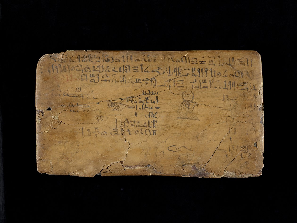 Kirjoitustaulu viivoilla Hymnistä Niilin tulvaan puuta, gessoa, pellavaa ja mustetta tekijältä Egyptian 19th Dynasty