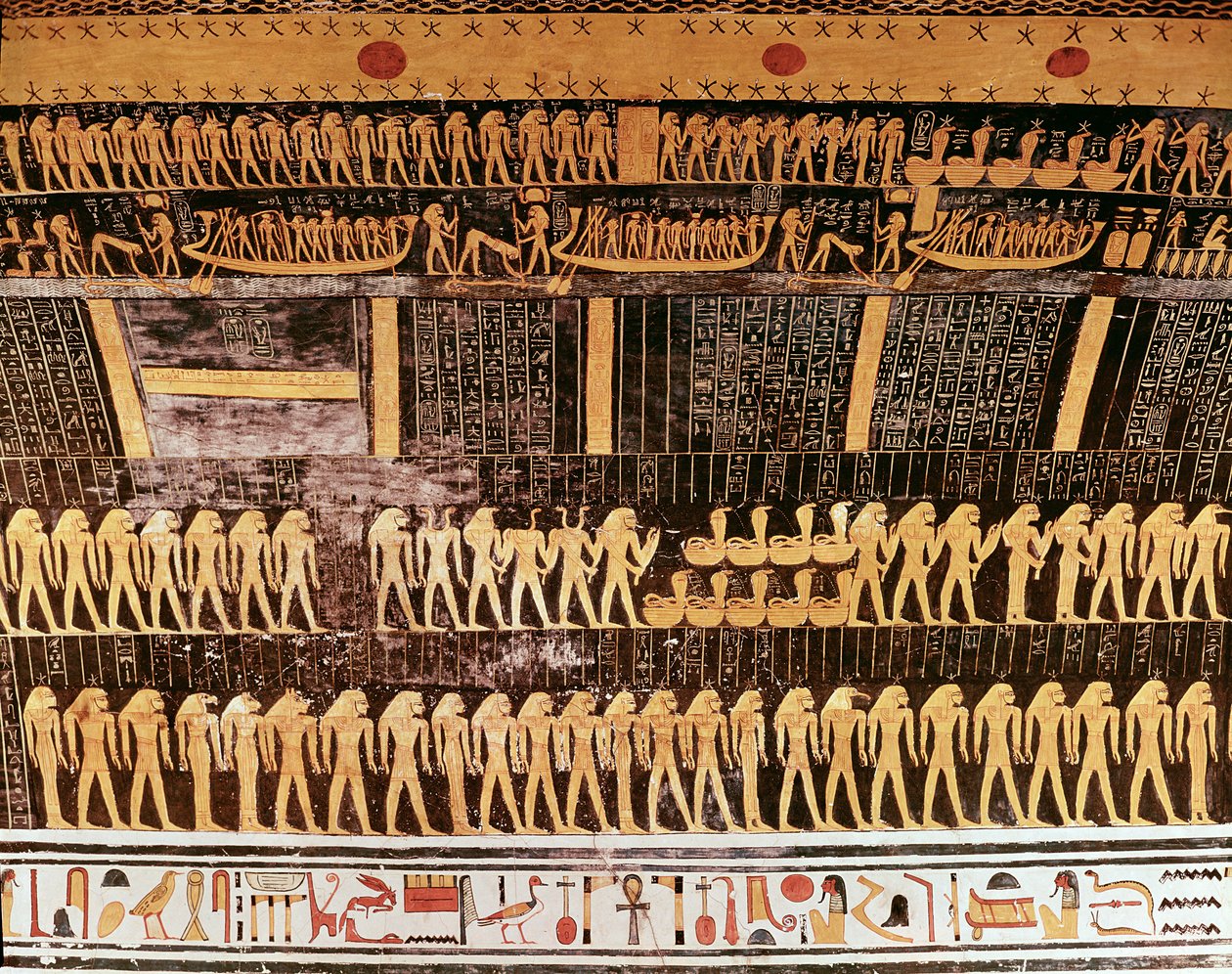 Yksityiskohta Päivän kirjasta Ramses VI:n hautakammion katosta (n. 1143-1136 eKr.) Uusi kuningaskunta (seinämaalaus) tekijältä Egyptian 20th Dynasty