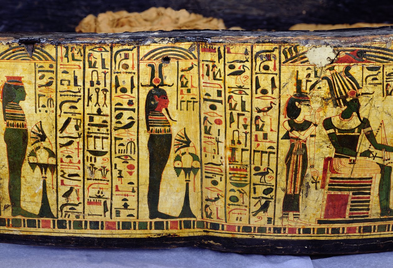 Yksityiskohta Nesyamunin muumion ulkoarkun pohjasta, mahdollisesti löydetty Deir El-Bahrista, Uudesta kuningaskunnasta, noin 1100 eKr. (maalattu puu) tekijältä Egyptian 20th Dynasty