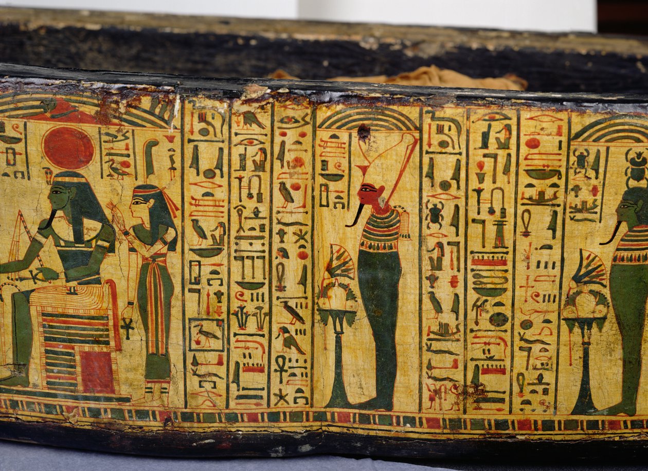 Yksityiskohta Nesyamunin muumion ulkoarkun pohjasta, mahdollisesti löydetty Deir El-Bahrista, Uudesta kuningaskunnasta, noin 1100 eKr. (maalattu puu) tekijältä Egyptian 20th Dynasty