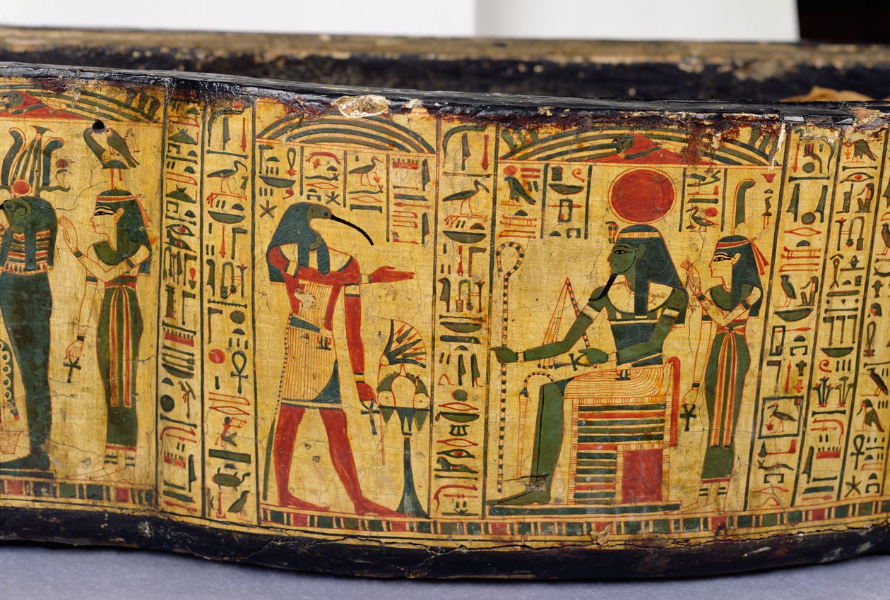 Yksityiskohta Nesyamunin muumion ulkoarkun pohjasta, mahdollisesti löydetty Deir El-Bahrista, Uudesta kuningaskunnasta, noin 1100 eKr. (maalattu puu) tekijältä Egyptian 20th Dynasty