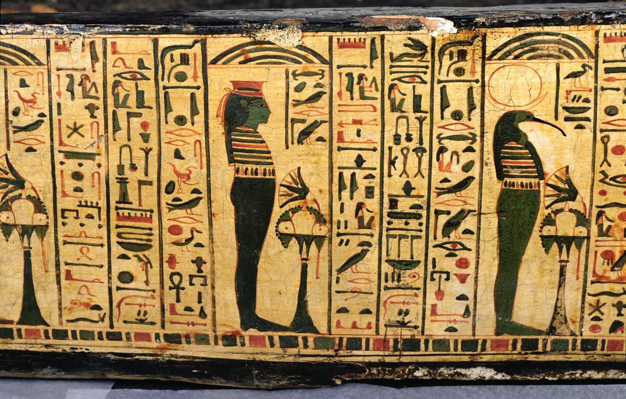 Yksityiskohta Nesyamunin muumion ulkoarkun pohjasta, mahdollisesti löydetty Deir El-Bahrista, Uudesta kuningaskunnasta, noin 1100 eKr. (maalattu puu) tekijältä Egyptian 20th Dynasty